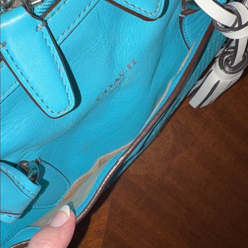 Coach perforated leather Haley Satchel turquoise/white tassels & hangtag Exce - Picture 4 of 17